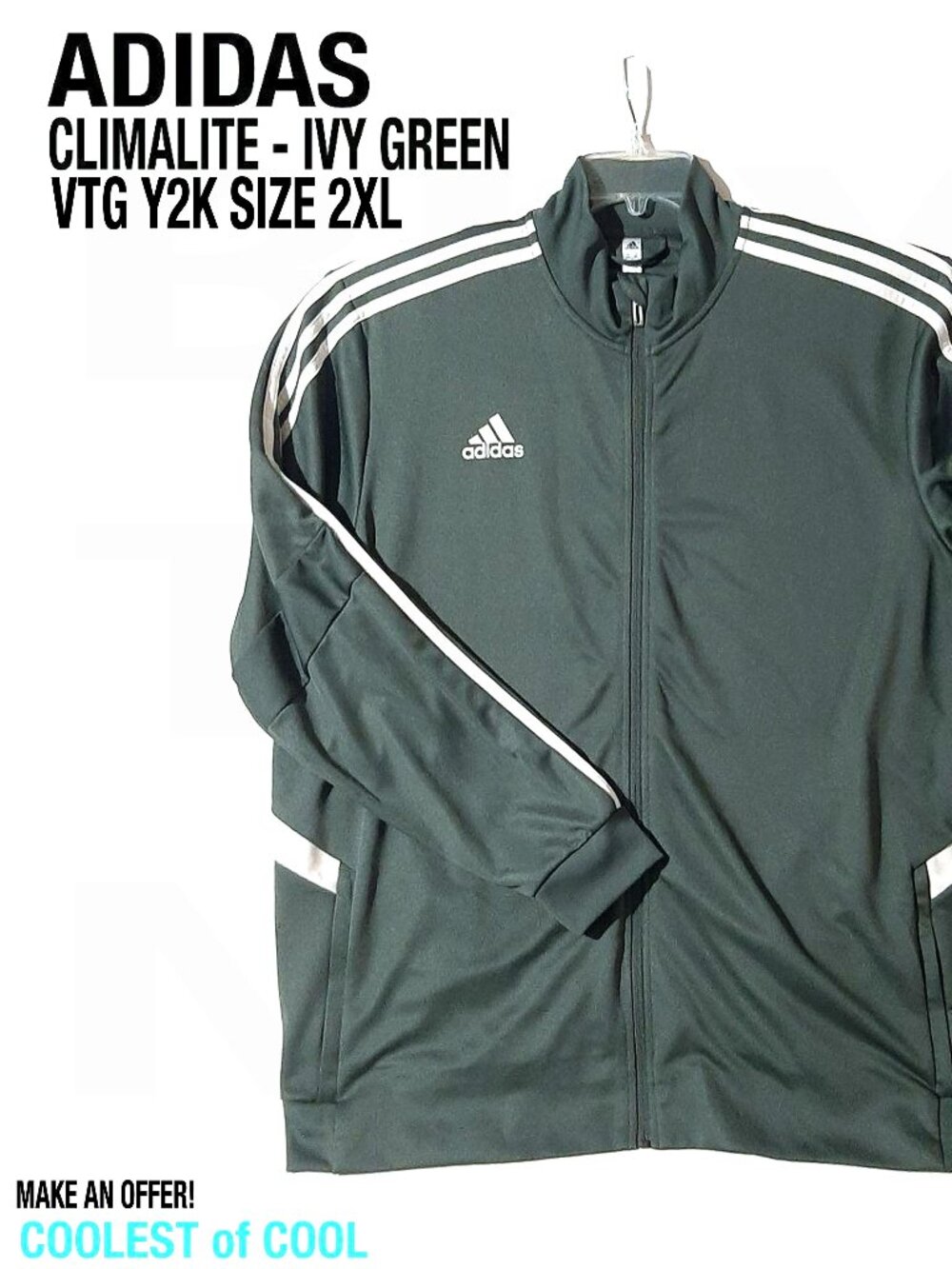 VTG y2k XXL Adidas Track Jacket Mens 2XL Climalite Ivy Green Full Zip 3 Stripes